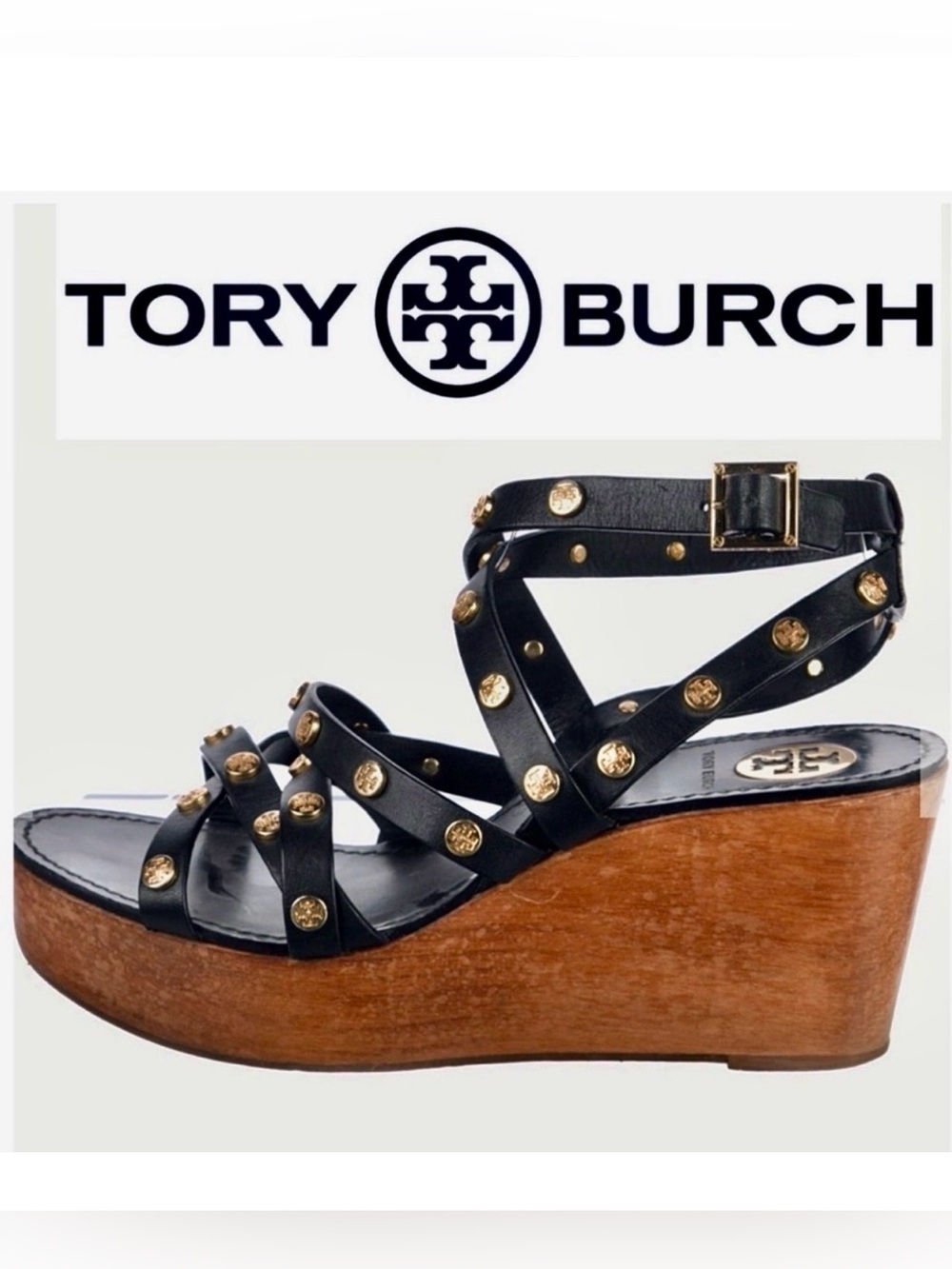 Tory Burch Women's Black Leather Studded Wedge Sandals